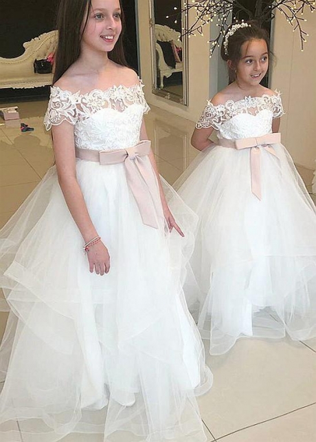Pretty Tulle Off-the-shoulder Neckline Ball Gown Flower Girl Dresses With Lace Appliques & Belt
