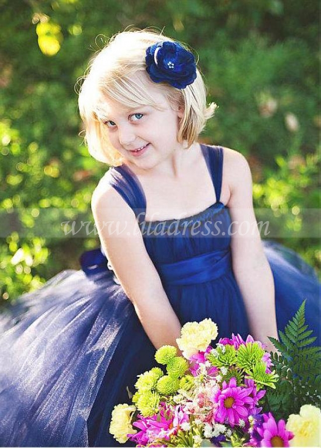 Sweet Tulle Square Neckline Ball Gown Flower Girl Dresses With Elastic Waistband & Handmade Flowers