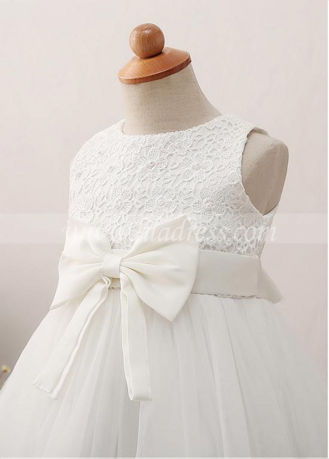 Pretty Tulle & Satin & Lace Jewel Neckline A-line Flower Girl Dress With Imitation Pearls & Belt