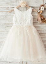 Excellent Tulle & Satin Scoop Neckline A-line Flower Girl Dresses With Lace Appliques & Beadings