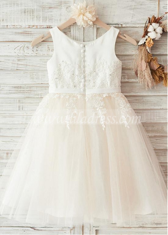 Excellent Tulle & Satin Scoop Neckline A-line Flower Girl Dresses With Lace Appliques & Beadings