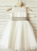 Stunning Tulle & Satin Scoop Neckline A-line Flower Girl Dresses With Bowknot