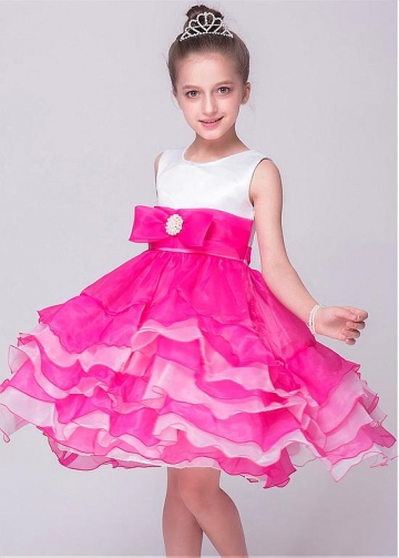 Attractive Organza & Satin Jewel Neckline Ball Gown Flower Girl Dresses With Bowknot
