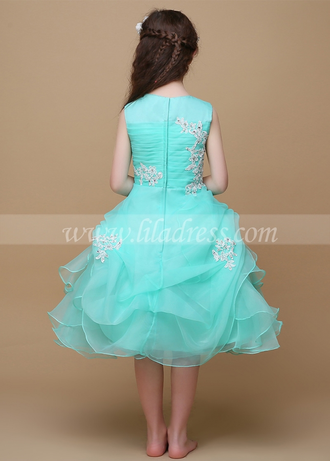 Attractive Organza & Satin Jewel Neckline Ball Gown Flower Girl Dresses With Beaded Lace Appliques