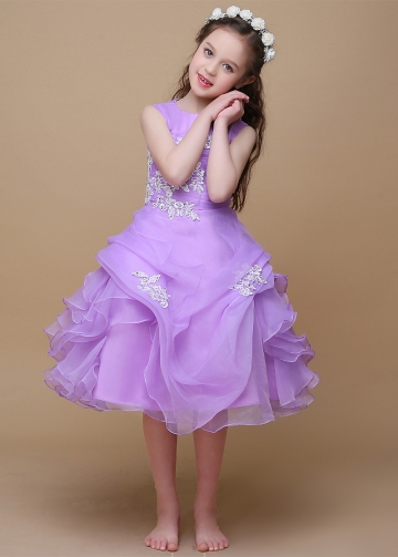 Lovely Organza & Satin Jewel Neckline Ball Gown Flower Girl Dresses With Beaded Lace Appliques
