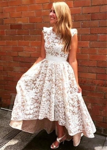 Alluring Lace & Satin Jewel Neckline Hi-lo A-line Bridesmaid Dresses With Belt