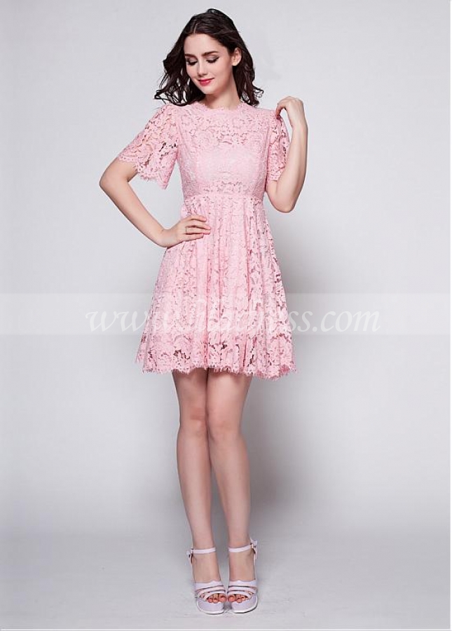 Elegant Lace High Neckline A-Line Pink Homecoming / Sweet 16 Dress