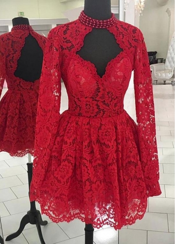 Fantastic Lace High Collar Short A-line Homecoming Dresses With Beadings