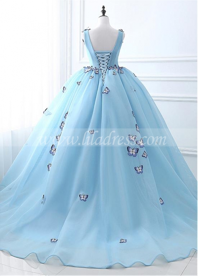 Fashion Tulle V-neck Neckline Ball Gown Prom Dresses With Embroidery Butterflies
