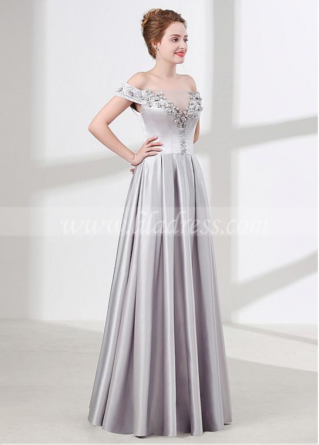 Fashionable Silver Satin Off-the-shoulder Neckline A-line Bridesmaid / Prom Dress