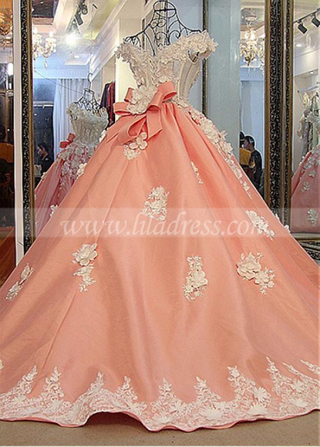 Junoesque Tulle & Satin Off-the-shoulder Neckline Ball Gown Prom Dresses With 3D Flowers