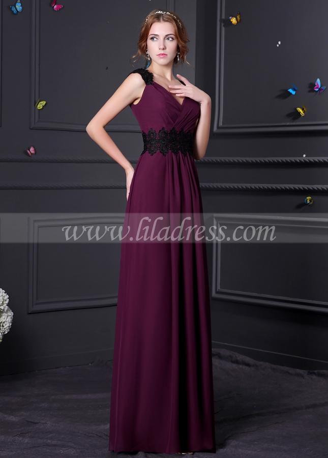 Elegant Chiffon V-neck Neckline Sheath Bridesmaid Dress With Lace Appliques
