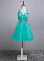 Pretty Tulle Jewel Neckline Short A-line Homecoming Dress With Beaded Lace Appliques