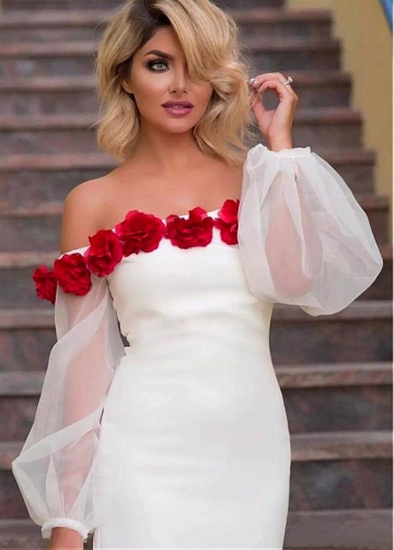Romantic Satin Off-the-shoulder Neckline Puff Sleeves Sheath / Column Homecoming Dress With Handmade Flowers