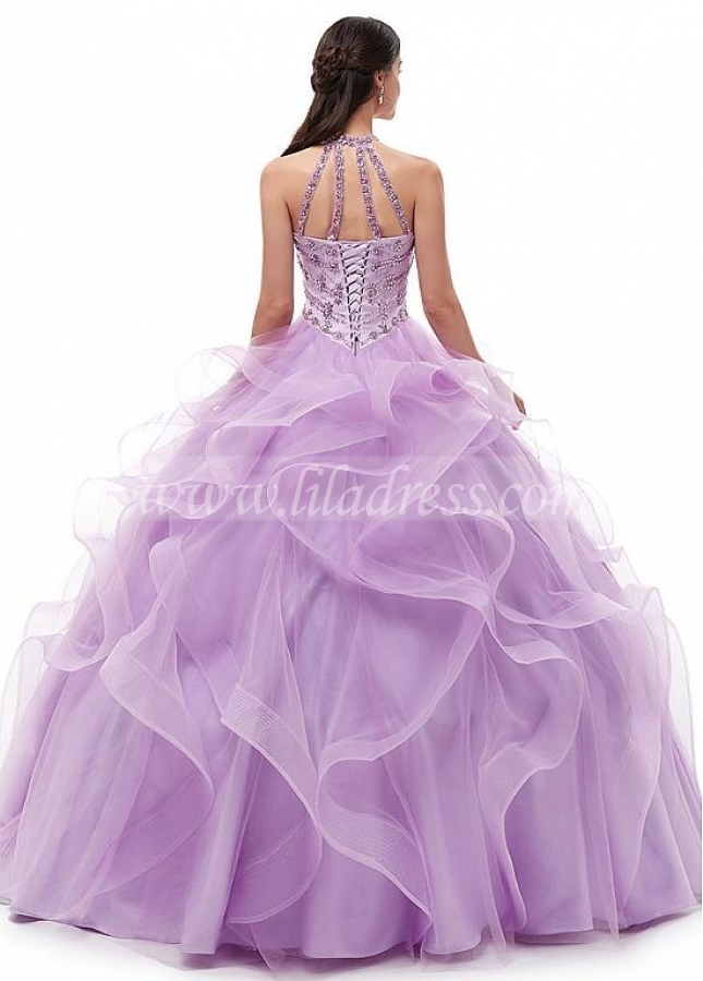 Brilliant Tulle Halter Neckline A-line Quincenera Dresses With Beadings