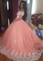 Delicate Tulle Off-the-shoulder Neckline Floor-length Ball Gown Quinceanera Dress With Lace Appliques