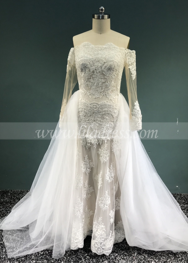 Charming Tulle Off-the-shoulder Neckline 2 In 1 Wedding Dresses With Lace Appliques & Detachable Skirt