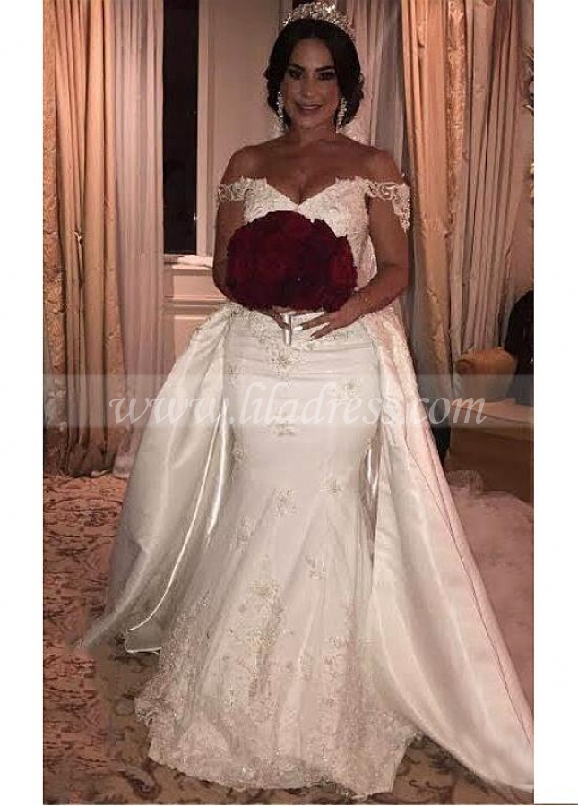 Junoesque Satin Off-the-shoulder Neckline 2 In 1 Wedding Dresses With Beaded Lace Appliques & 3D Flowers & Detachable Train