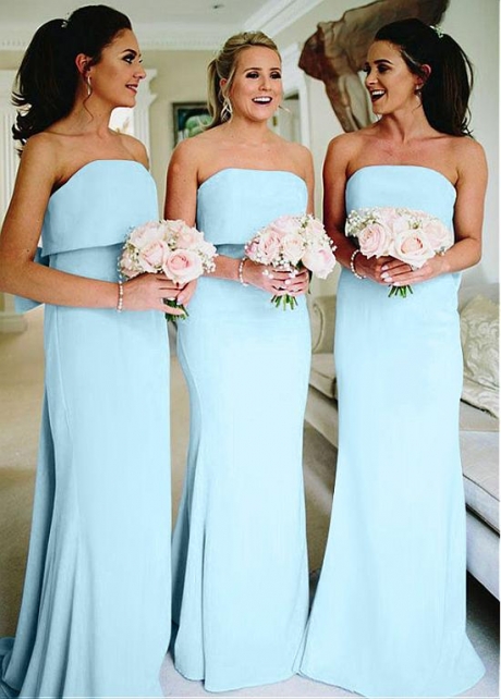 Fabulous Light Blue Off-the-shoudler Neckline Full Length Sheath/Column Bridesmaid Dress With Bowknot