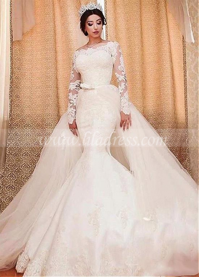 Amazing Tulle Off-the-shoulder Neckline 2 In 1 Wedding Dresses With Lace Appliques & Detachable Skirt