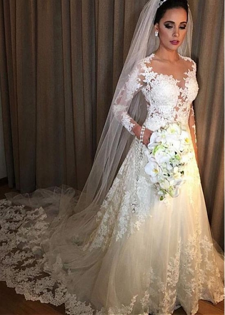 Glamorous Tulle Jewel Neckline A-line Wedding Dress With Lace Appliques & Beadings