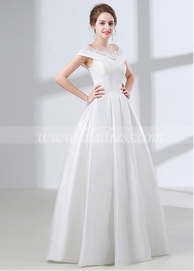 Beautiful Satin Off-the-shoulder Neckline Short Sleeves A-line Wedding Dress With Lace Appliques
