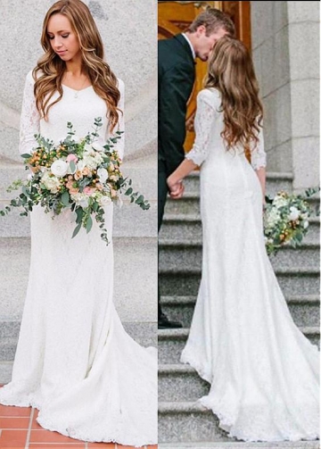 Wonderful Lace V-neck Neckline Sheath/Column Wedding Dress