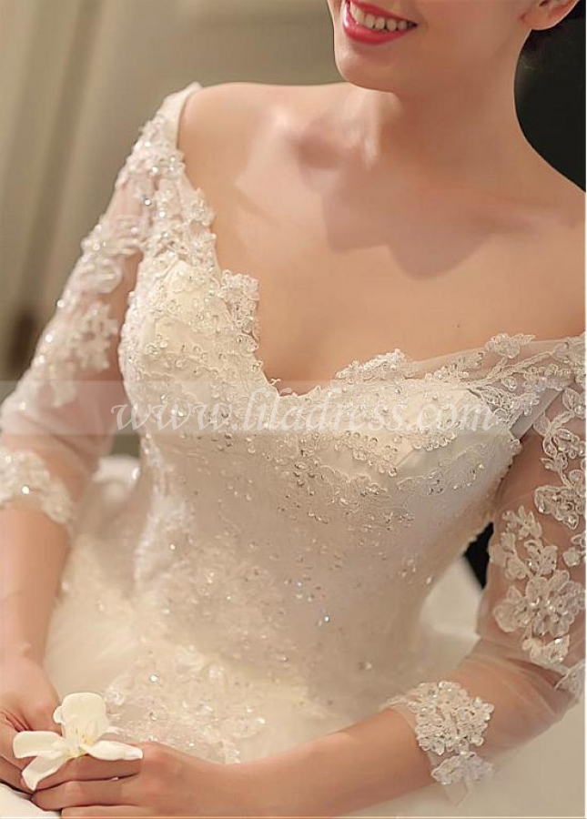 Gorgeous Tulle Off-the-shoulder Neckline Ball Gown Wedding Dresses With Beaded Lace Appliques