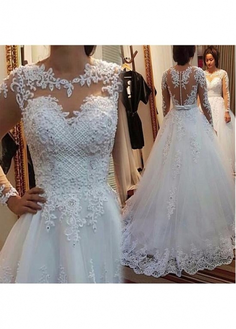 Delicate Tulle Jewe Neckline A-line Wedding Dress With Beaded Lace Appliques & Bowknot