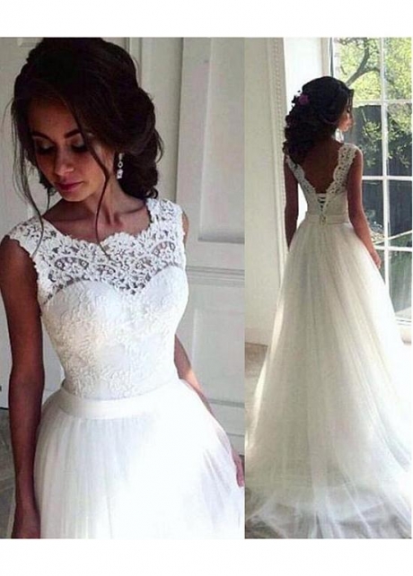Charming Tulle Scoop Neckline A-line Wedding Dresses With Lace Appliques & Belt