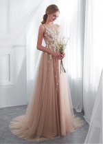 Delicate Tulle Jewel Neckline See-through Bodice A-line Wedding Dress With Lace Appliques
