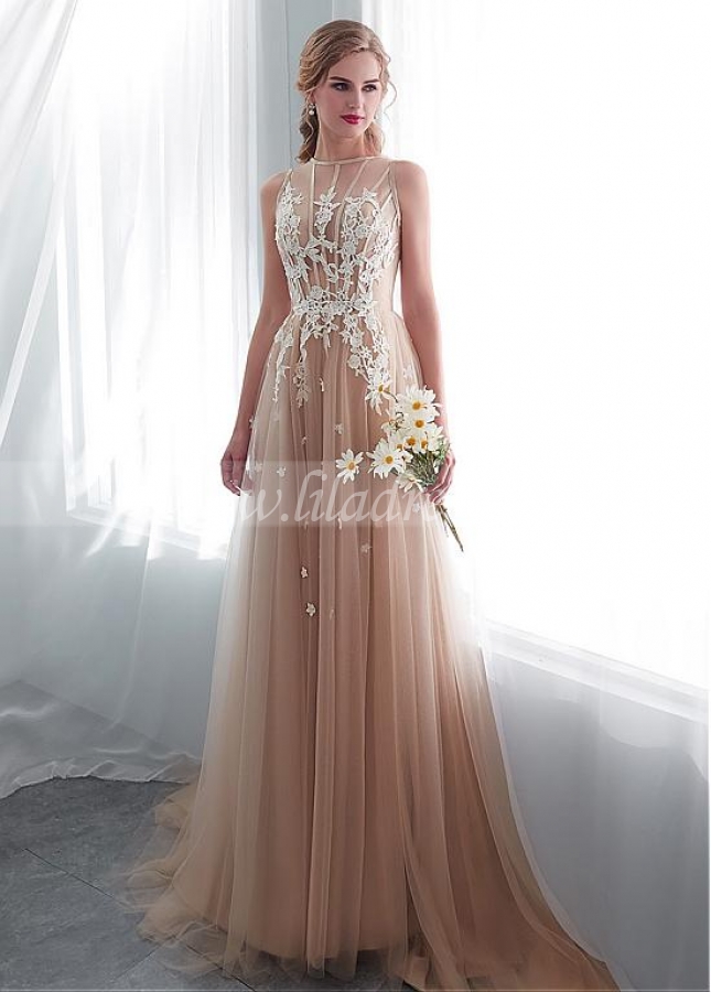 Delicate Tulle Jewel Neckline See-through Bodice A-line Wedding Dress With Lace Appliques