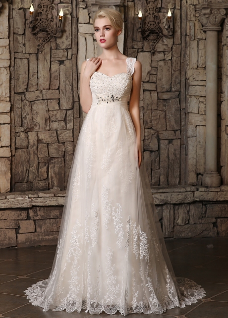 Elegant Tulle Sweetheart Neckline A-line Wedding Dresses with Beaded Lace Appliques