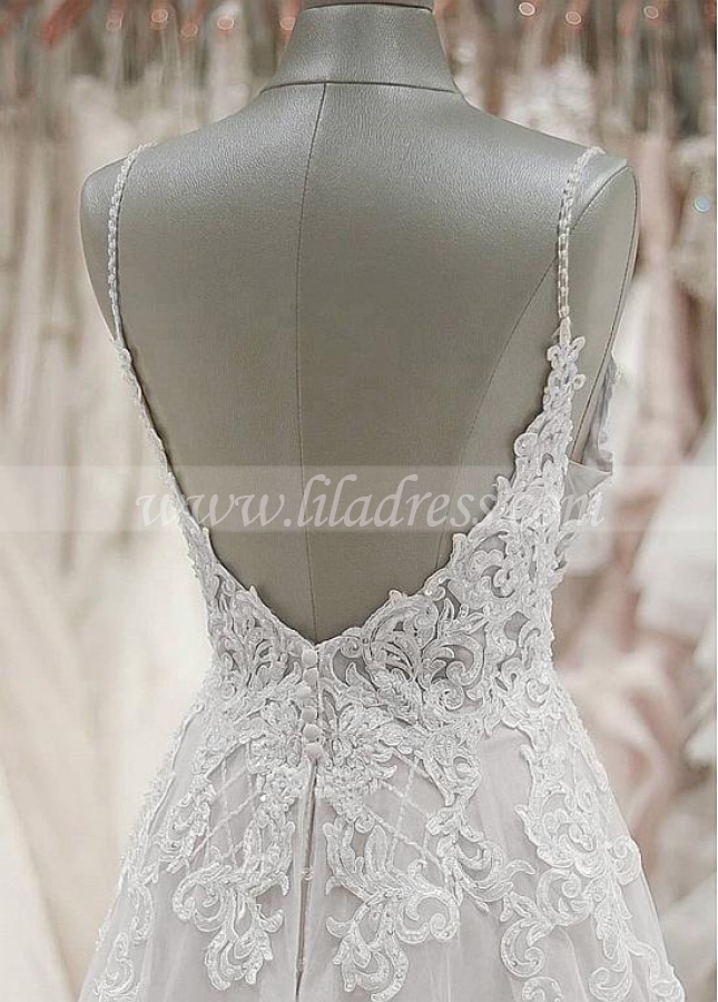 Gorgeous Tulle Spaghetti Straps Neckline A-line Wedding Dresses With Lace Appliques & Beadings