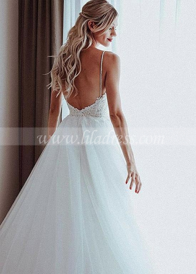 Stunning Tulle Spaghetti Straps Neckline A-line Wedding Dresses With Beaded Lace Appliques & Beadings