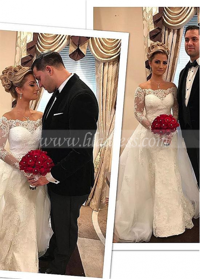 Fantastic Tulle & Lace Jewel Neckline 2 In 1 Wedding Dresses With Beaded Lace Appliques & Detachable Skirt