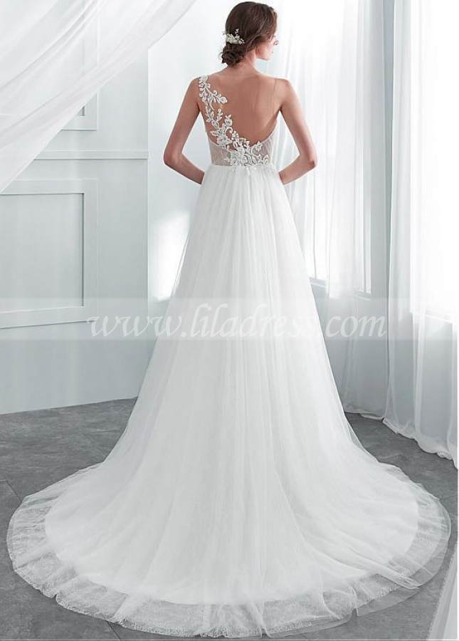 Wonderful Tulle & Lace Jewel Neckline A-line Wedding Dresses With Beaded Lace Appliques