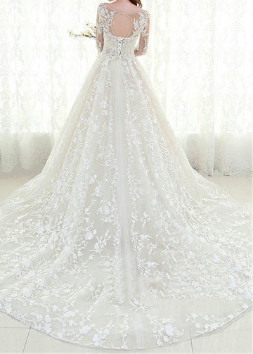 Romantic Tulle Jewel Neckline A-line Wedding Dresses With Lace Appliques & Beadings