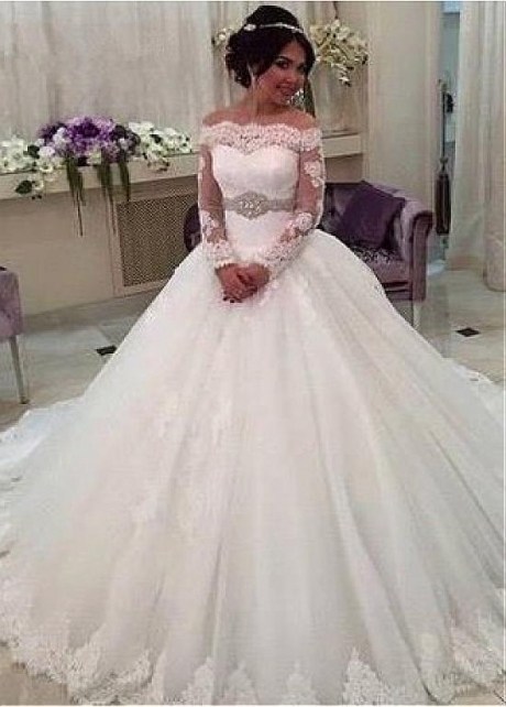 Charming Tulle Off-the-shoulder Neckline Ball Gown Wedding Dress With Lace Appliques & Beadings