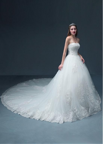 Junoesque Tulle Strapless Neckline Ball Gown Wedding Dress With Lace Appliques & Beadings