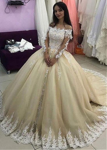 Fascinating Tulle Off-the-shoulder Neckline Ball Gown Wedding Dress With Beadings & Lace Appliques