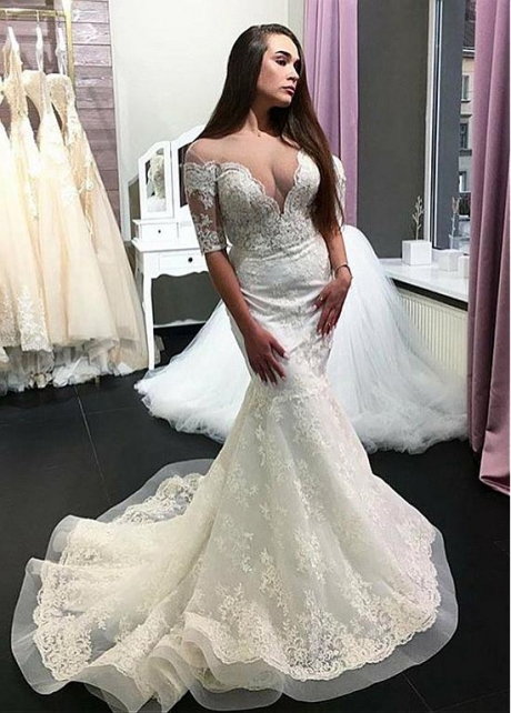 Eye-catching Tulle Sheer Scoop Neckline Mermaid Wedding Dress With Beadings & Lace Appliques