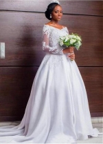 Elegant Tulle & Satin V-neck Neckline A-line Wedding Dress With Beadings & Lace Appliques