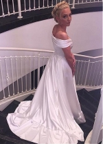 Modest Satin Off-the-shoulder Neckline A-line Wedding Dress