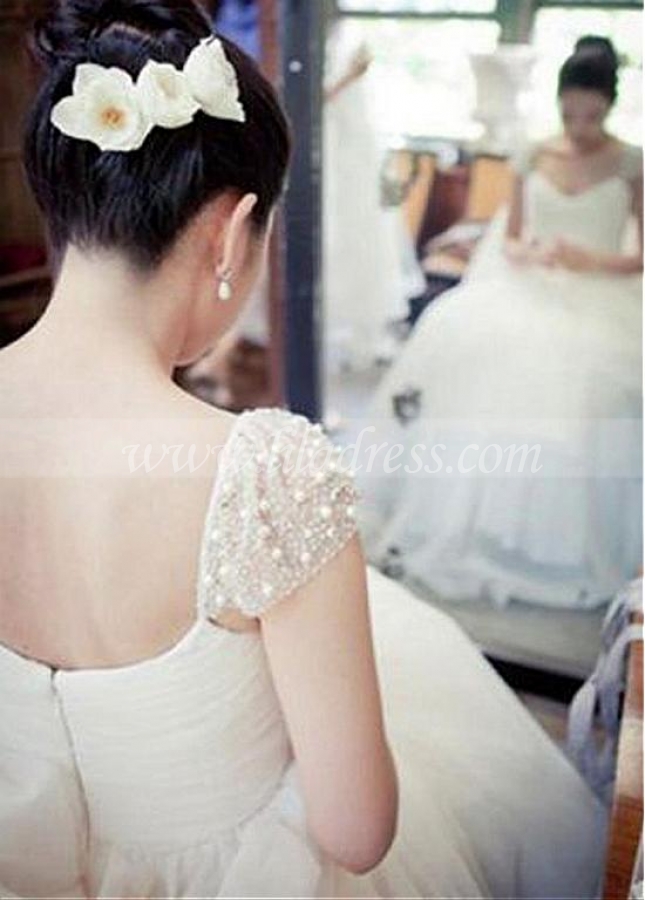 Glamorous Tulle Scoop Neckline A-line Wedding Dress With Beadings & Detachable Belt