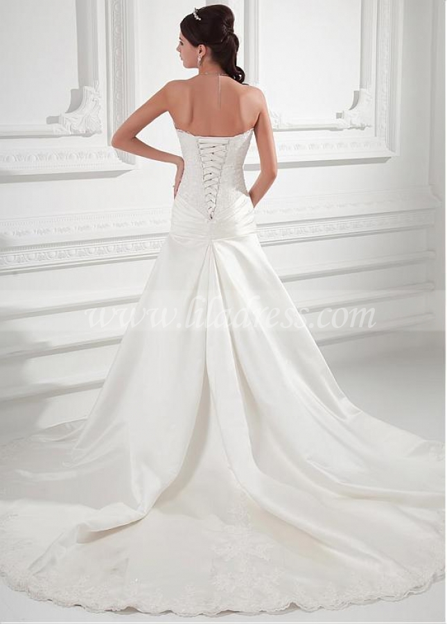 Charming Tulle & Satin Sweetheart Neckline Dropped Waistline A-line Wedding Dress With Beadings & Lace Appliques
