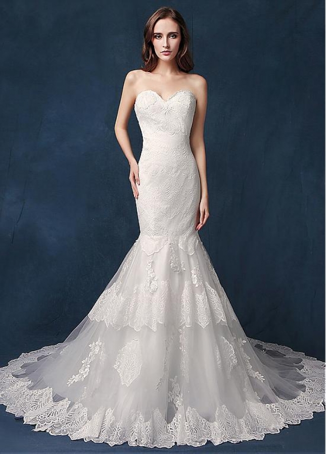 Charming Tulle Sweetheart Neckline Mermaid Wedding Dress With Lace Appliques