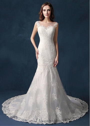 Fantastic Tulle Sheer Jewel Neckline Mermaid Wedding Dress With Lace Appliques & Beadings