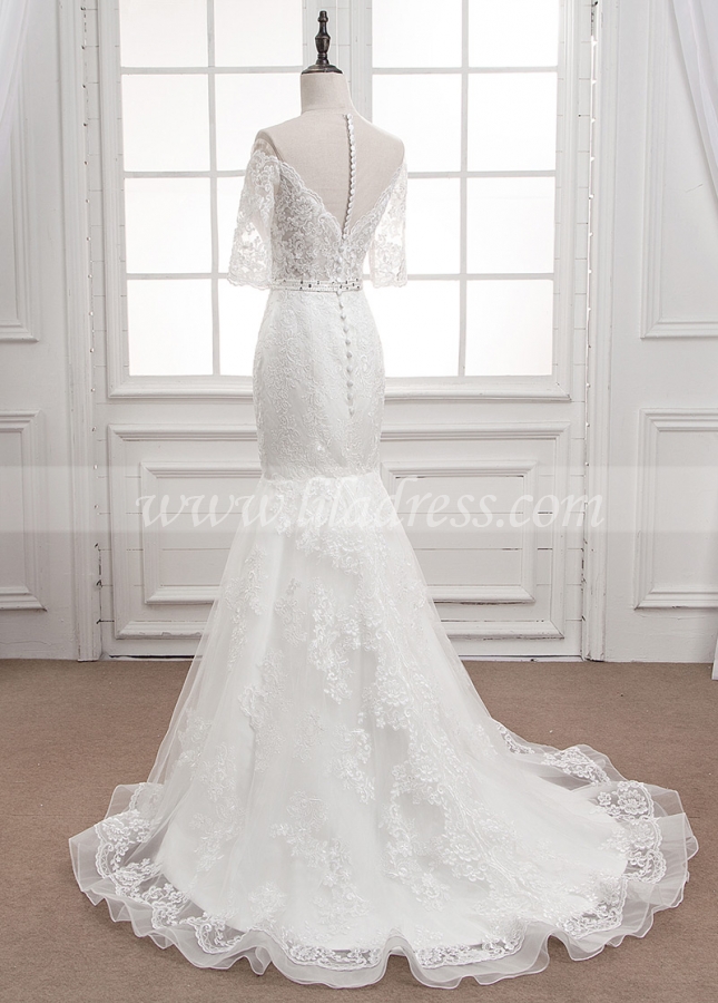 Exquisite Tulle Sheer Jewel Neckline See-through Mermaid Wedding Dress With Lace Appliques & Belt