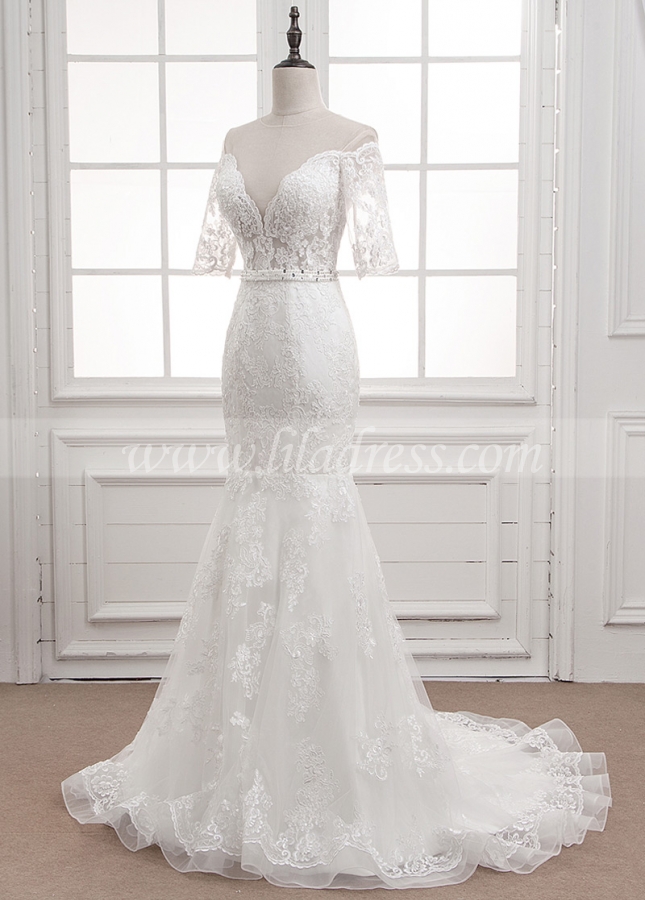 Exquisite Tulle Sheer Jewel Neckline See-through Mermaid Wedding Dress With Lace Appliques & Belt